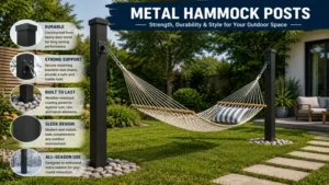 Hammock posts constructed from metal for strength, durability, and weather resistance