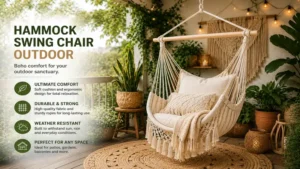 Bohemian-style hammock swing chair outdoor decorated with soft cushions and outdoor plants.