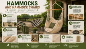 Hammocks and hammock chairs highlighting ergonomic comfort, durable construction, and easy installation