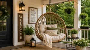 Decorative hanging porch chair enhancing the look of a welcoming porch area