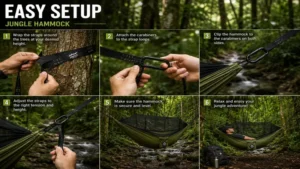 jungle hammock securely installed between trees using durable suspension straps.
