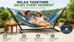 Couple relaxing on a two person hammock and stand on a sunny outdoor patio.