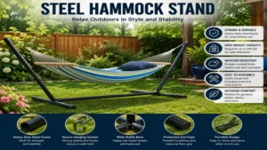 Steel hammock stand set up in a garden surrounded by greenery and natural scenery