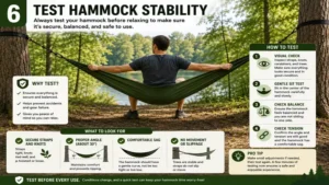 Testing hammock stability after completing how to hang a hammock between trees.
