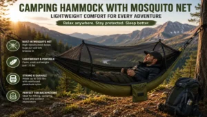 Backpacker relaxing in a camping hammock with mosquito net beside a scenic mountain trail.