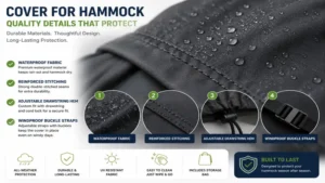Close-up of cover for hammock showing waterproof fabric, reinforced stitching, and durable construction