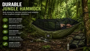 Durable jungle hammock supporting a camper in a lush tropical forest environment.