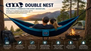 Eno double nest hammock at a scenic campsite during a weekend camping trip
