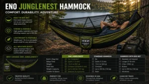 Eno junglenest hammock used at a peaceful forest campsite surrounded by nature