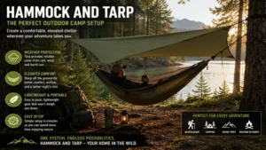 Hammock and tarp installed at an outdoor campsite creating a comfortable place to rest.