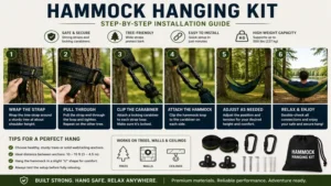 hammock hanging kit installation guide showing step-by-step setup with straps and carabiners
