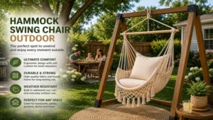 Durable hammock swing chair outdoor installed in a spacious backyard for relaxing with family and friends.