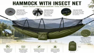 Durable hammock with insect net featuring breathable mesh and comfortable suspension system