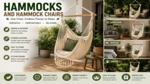 Hammocks and hammock chairs enhancing outdoor relaxation in a peaceful backyard setting