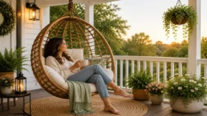 Person relaxing in a hanging porch chair while enjoying a peaceful outdoor setting