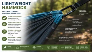 Close-up view of a lightweight hammock showing reinforced stitching, durable fabric, and secure hardware
