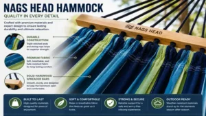 close-up of nags head hammock showing durable woven fabric hardwood spreader bars and sturdy rope construction