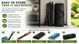 Foldable two person hammock and stand packed neatly into a storage bag for easy transport.