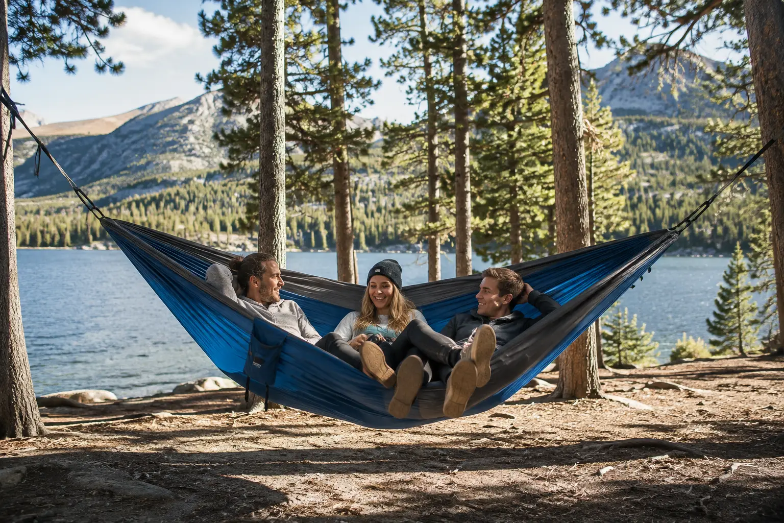 3 person hammock comfortably holding three people at a scenic lakeside campsite