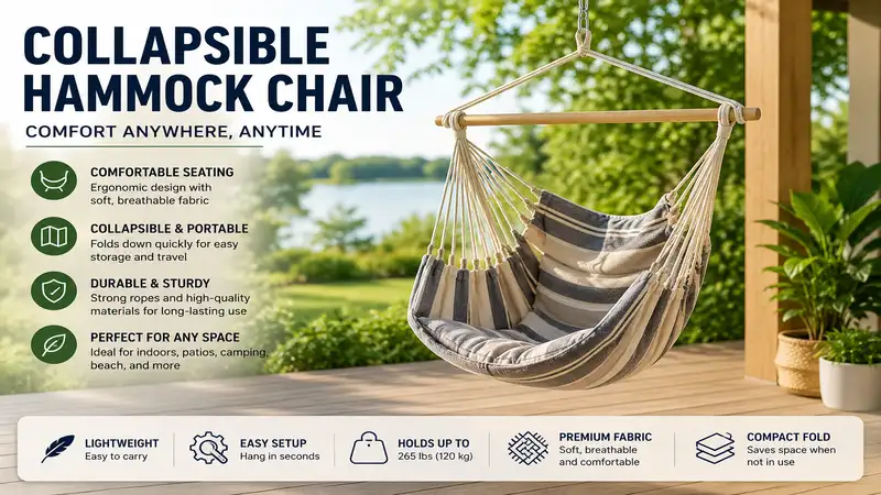 Collapsible hammock chair hanging in a relaxing outdoor space