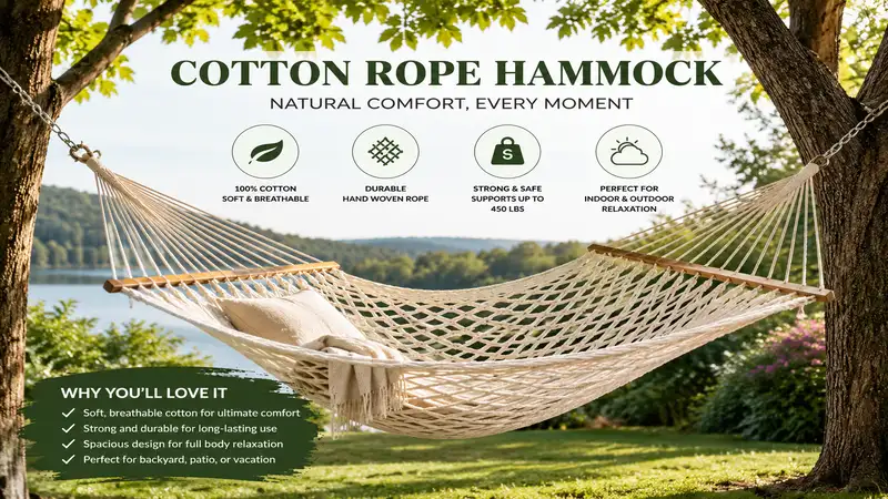 Cotton rope hammock hanging comfortably between two trees in a relaxing outdoor setting