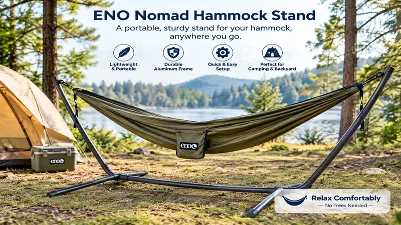 eno nomad hammock stand set up outdoors with a camping hammock in a scenic forest campsite