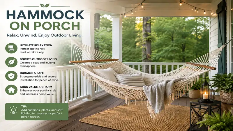 hammock on porch creating a cozy outdoor retreat with comfortable seating and relaxing natural surroundings.