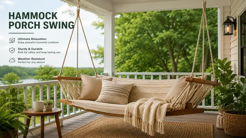 Hammock porch swing hanging on a cozy covered porch with comfortable cushions and a peaceful outdoor view