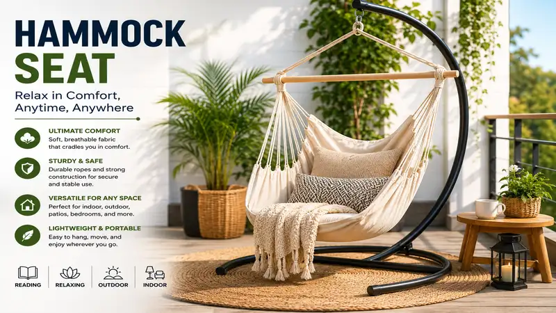 hammock seat hanging on a sturdy stand in a cozy outdoor space for comfortable relaxation