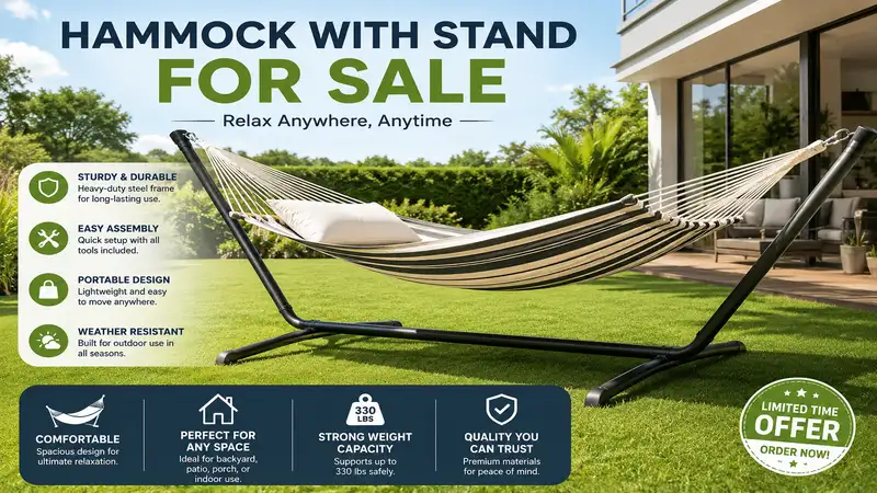 Hammock with stand for sale in a modern backyard for comfortable outdoor relaxation.