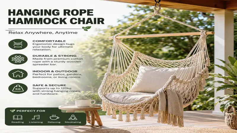 hanging rope hammock chair with soft cushions on a cozy outdoor patio for comfortable relaxation