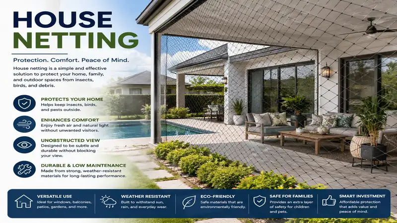 house netting providing practical protection around a home and outdoor living area