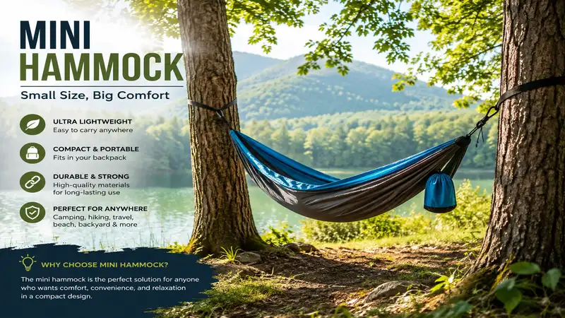 Mini hammock hanging between trees beside a peaceful mountain lake