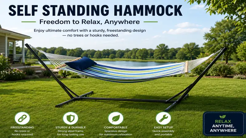 Self standing hammock with a sturdy freestanding frame for comfortable outdoor relaxation