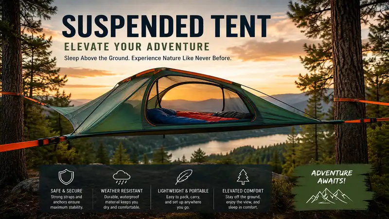 Suspended tent elevated above the ground among trees for a unique outdoor camping experience