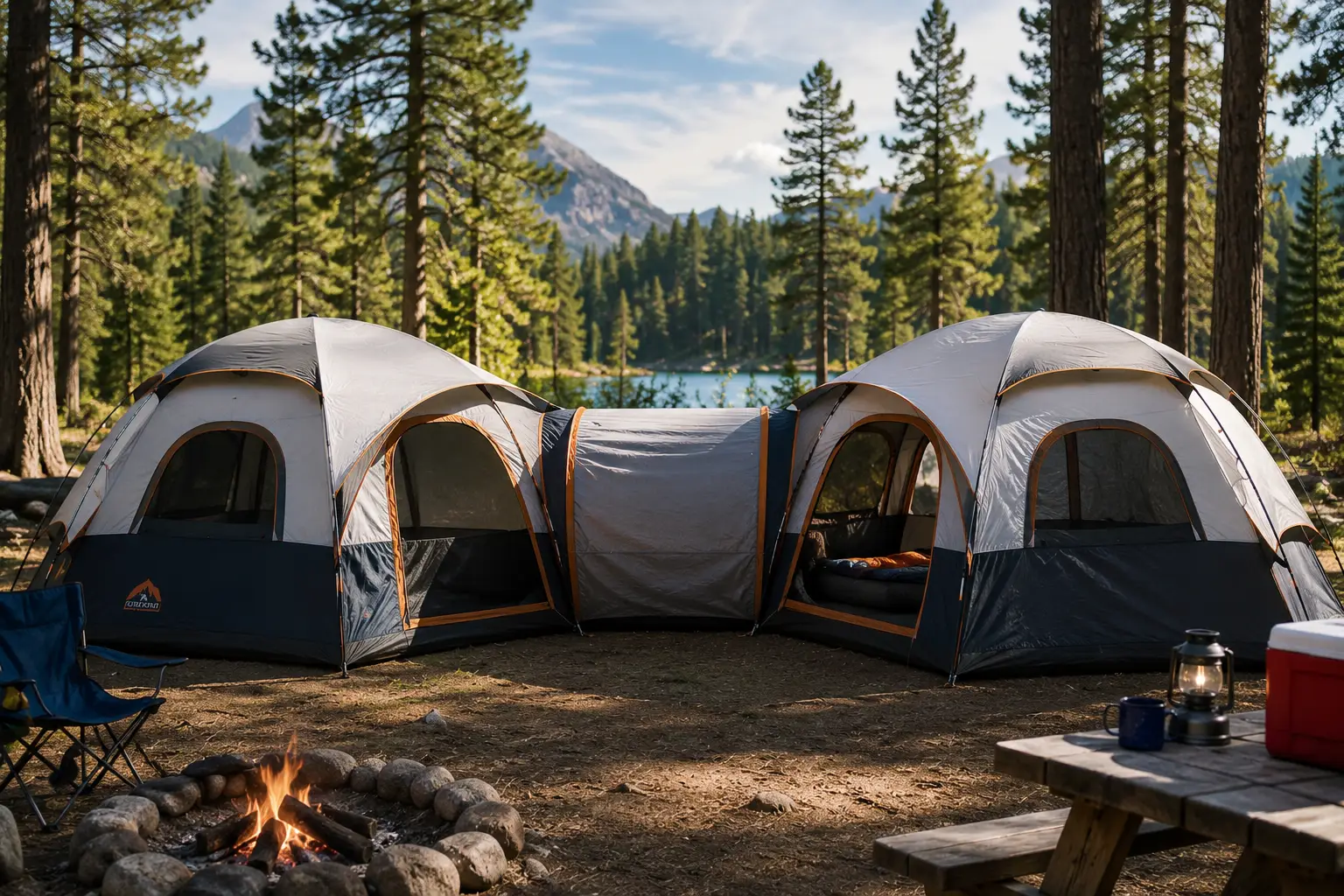 Two connected camping tents joined by a covered tunnel in a scenic forest campsite