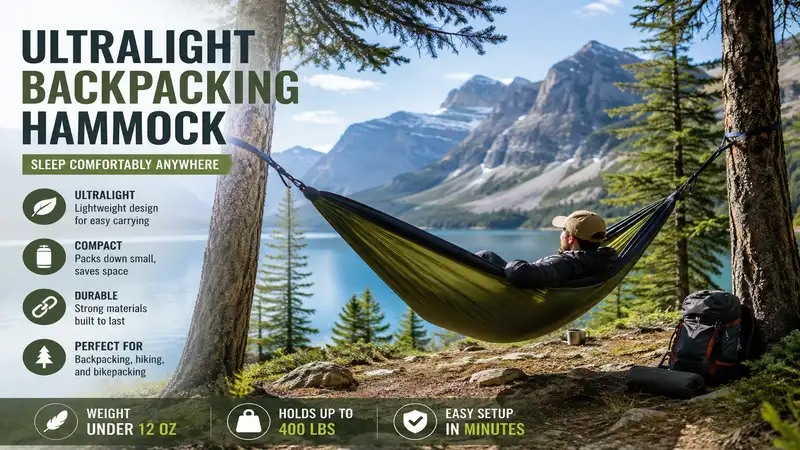 Ultralight backpacking hammock hanging between two trees at a scenic mountain campsite.