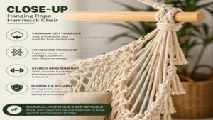Close-up of a hanging rope hammock chair made from premium cotton rope and a sturdy wooden spreader bar