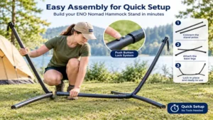 Close-up of eno nomad hammock stand being assembled for a quick outdoor camping setup