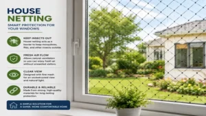 house netting installed over windows to help keep insects outside while allowing fresh air