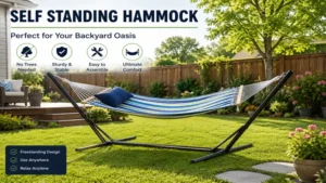 Self standing hammock in a sunny backyard creating a comfortable outdoor relaxation space