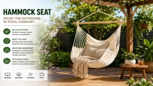 hammock seat suspended on a patio surrounded by greenery for peaceful outdoor lounging