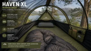 haven xl interior space with integrated mattress, bug net, and roomy lay-flat sleeping area
