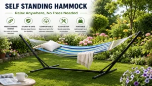 Self standing hammock placed in a peaceful garden without needing trees or hooks