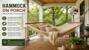 wooden hammock on porch with spreader bars offering timeless style and comfortable outdoor lounging.