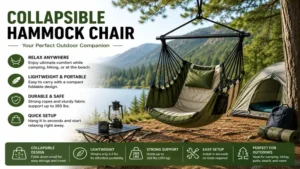 Collapsible hammock chair set up at a peaceful camping location