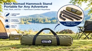 Foldable eno nomad hammock stand packed for easy transport on a camping adventure
