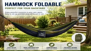 Hammock foldable installed in a backyard for relaxing outdoor comfort