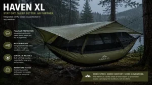 haven xl protected by a weatherproof rainfly during rainy outdoor camping conditions