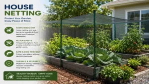 house netting protecting a home garden from birds and unwanted pests